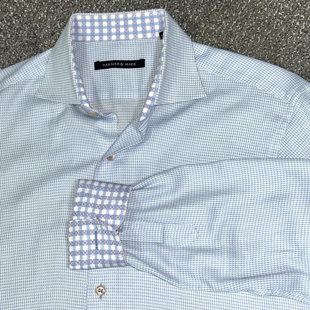 Hammer Made Men's 15.5 39 Blue Micro Check 100% Cotton Dress Shirt EUC